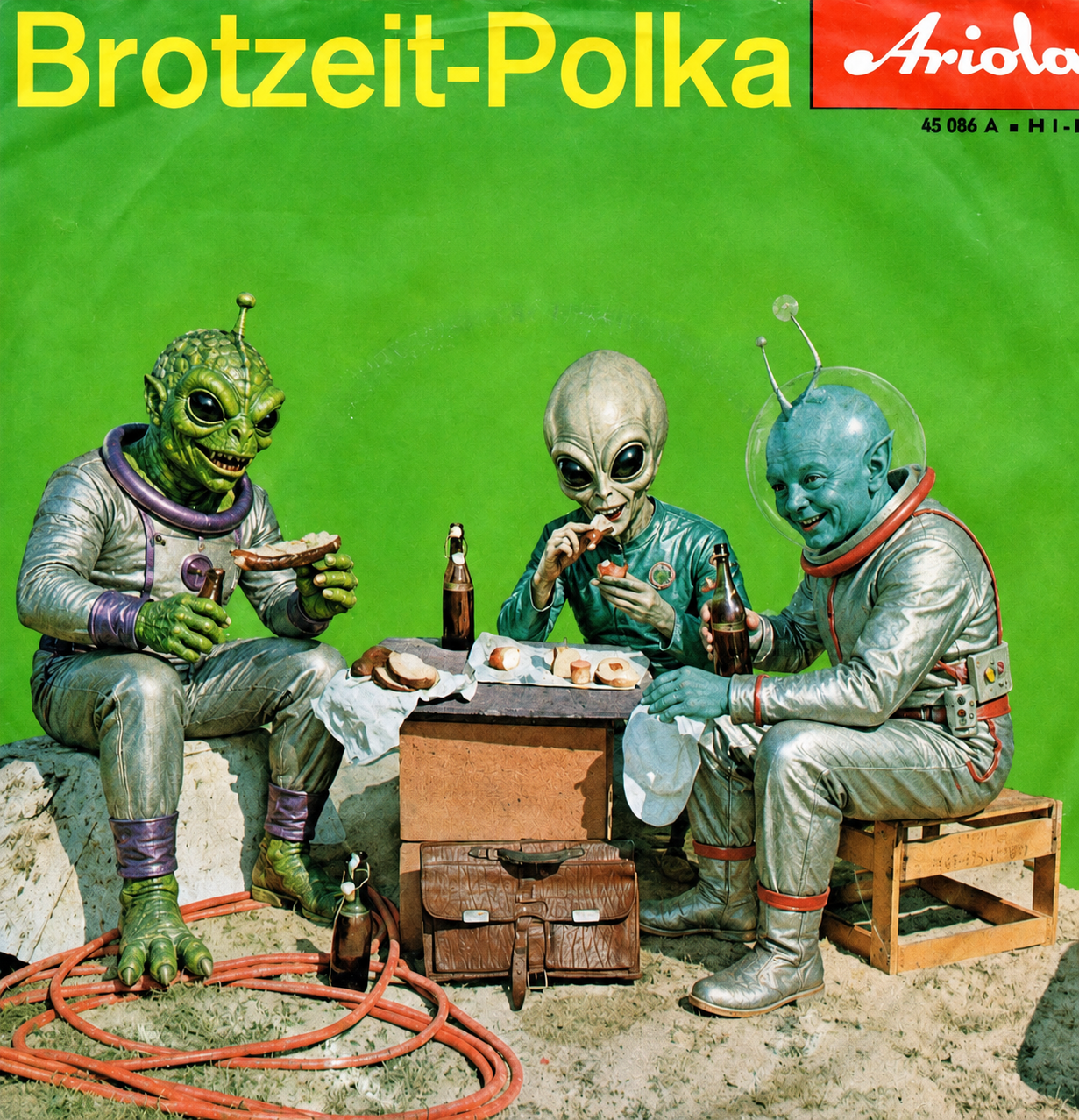 Retro-Plattencover «Brotzeit-Polka» mit drei Aliens beim Essen